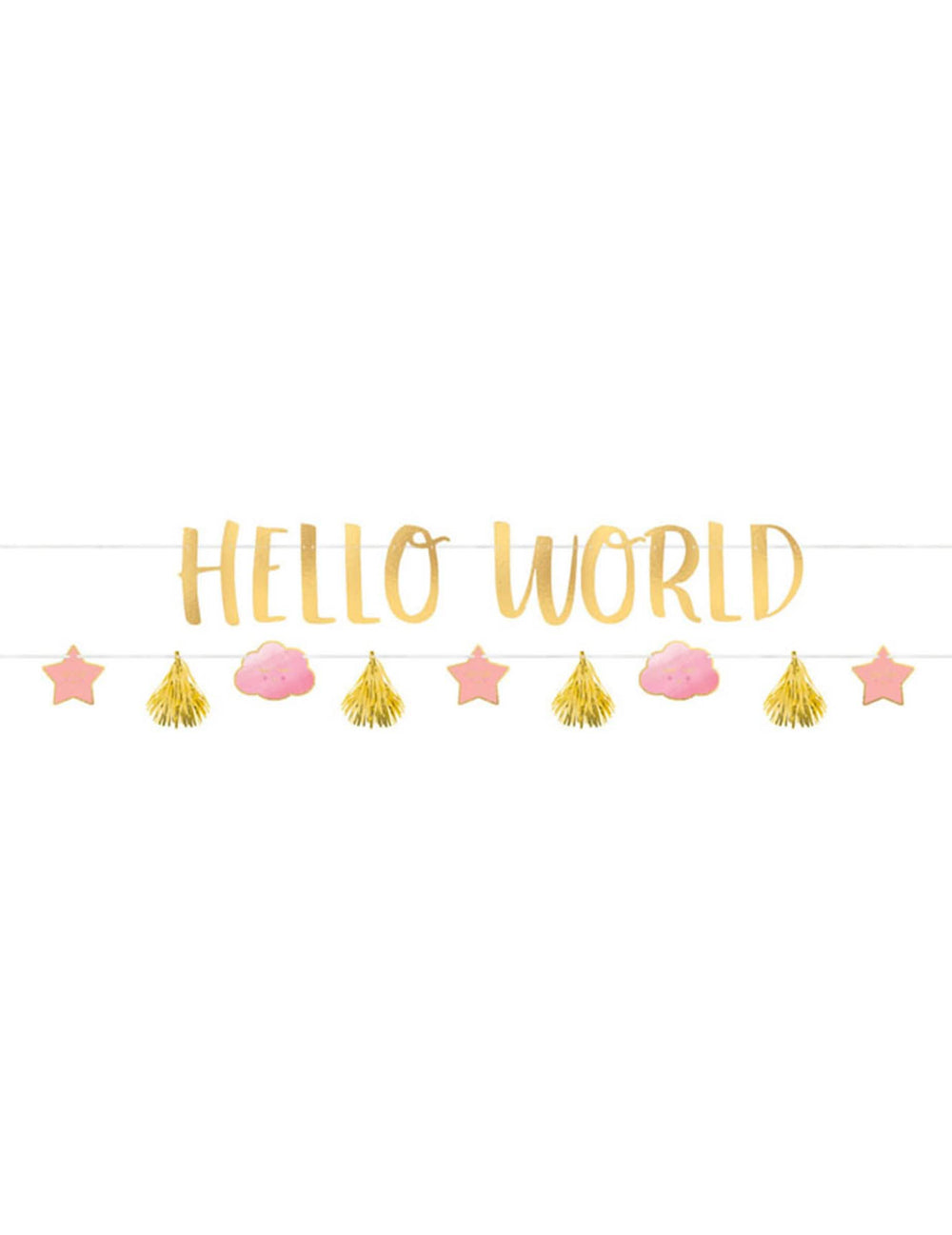 Guirlandes en carton Hello World pour baby shower rose et or