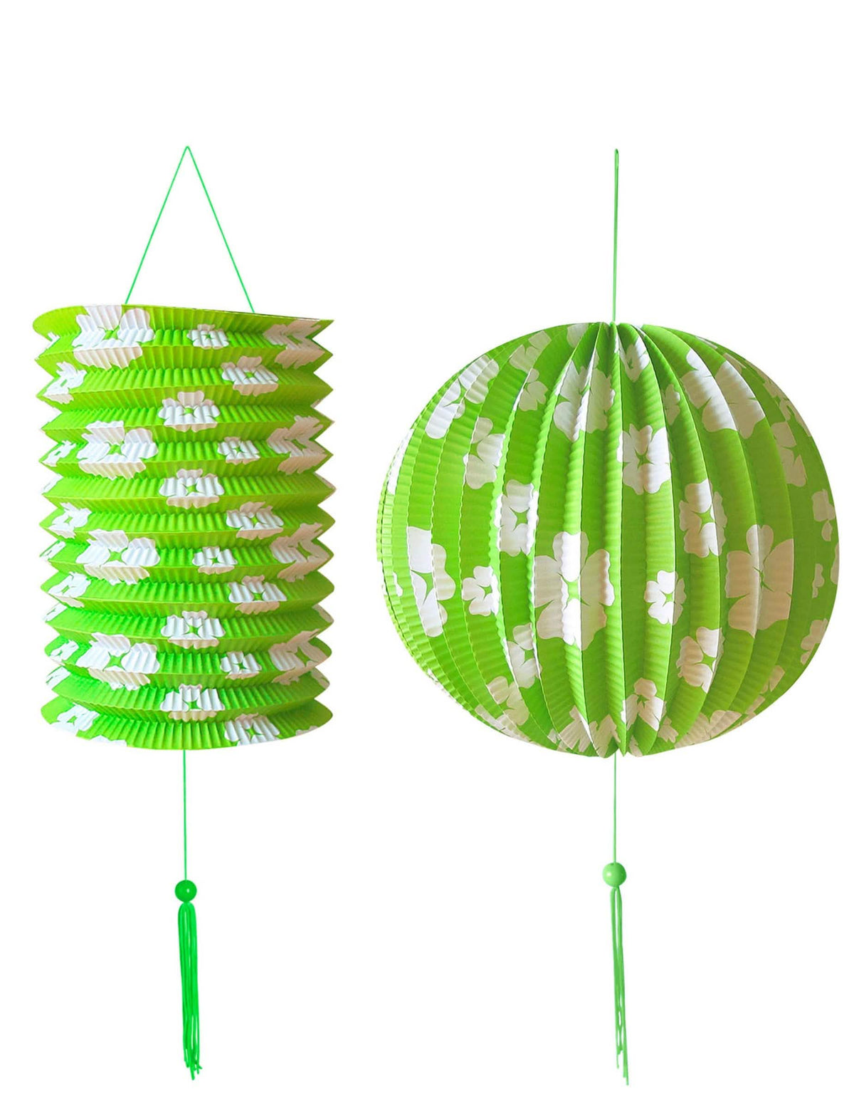 Faroles hawái verdes con flores blancas para decoración de fiesta