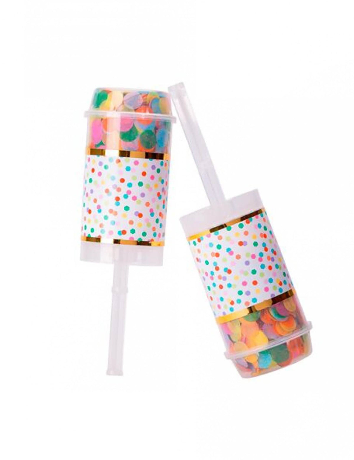 Poppers confetis a presionar multicolores para fiesta de lunares y rayas doradas