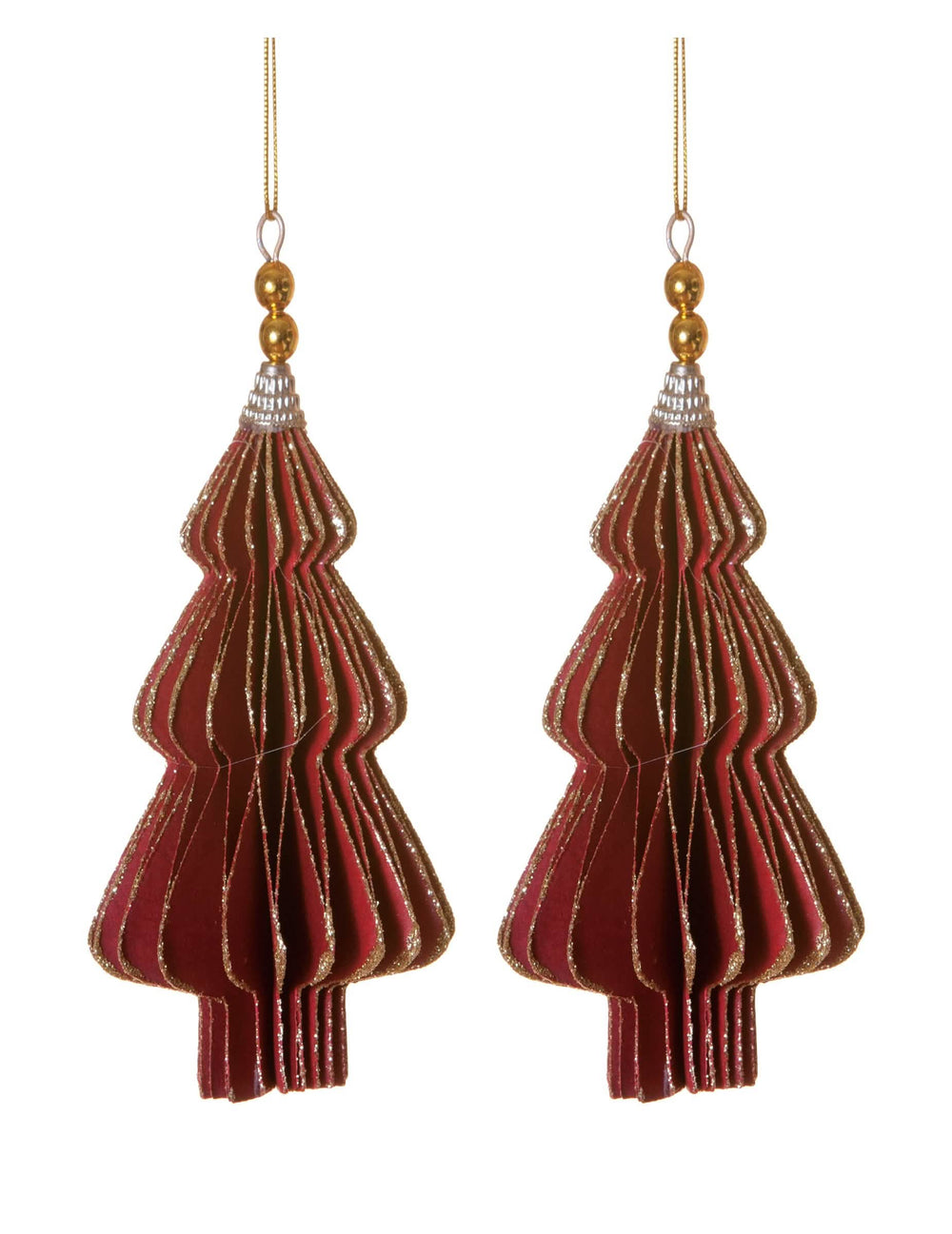 2 suspensions origami sapins rouges aux bords dorés
