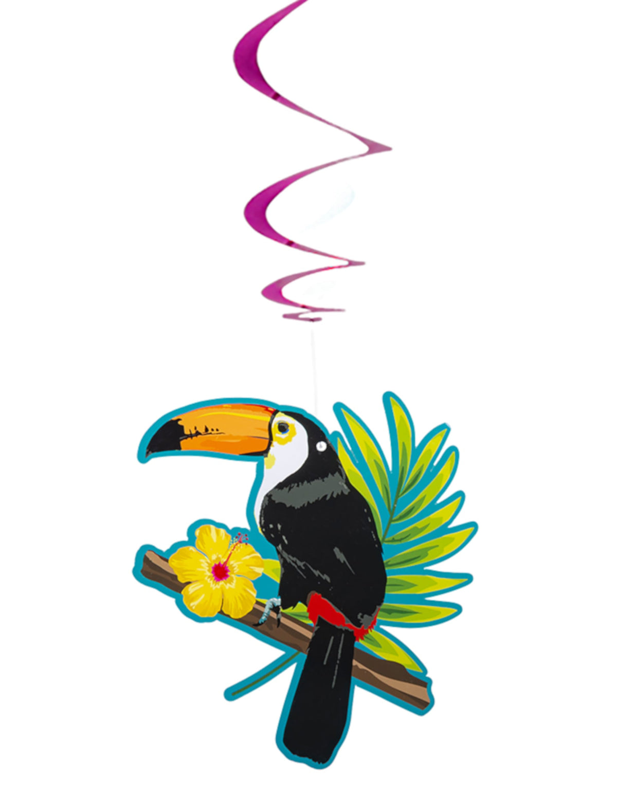 Gros plan sur le motif du toucan et de l'hibiscus des suspensions spirales toucan