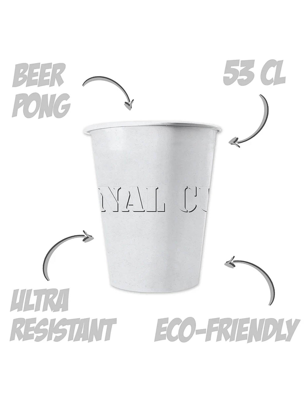 Detalle de las características de los vasos americanos de cartón reciclable blanco 53 cl