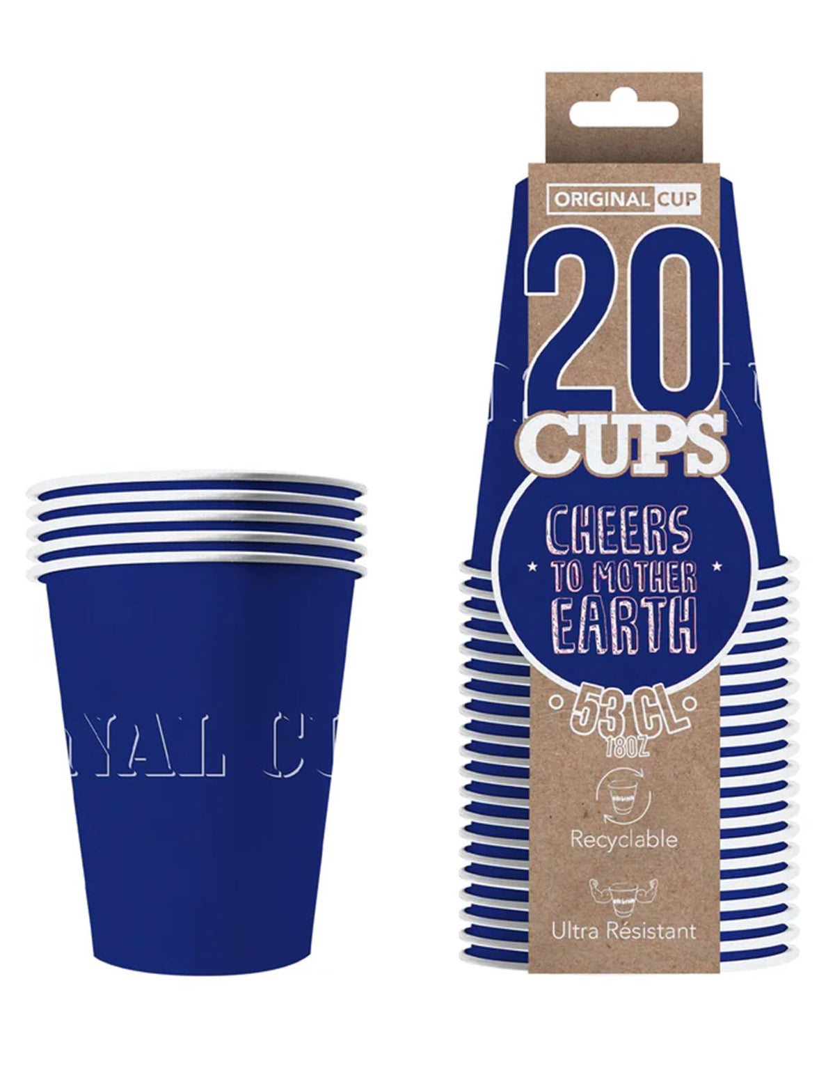 Vue d'ensemble du produit et de son packaging des gobelets américains bleus en carton recyclable lot de 20
