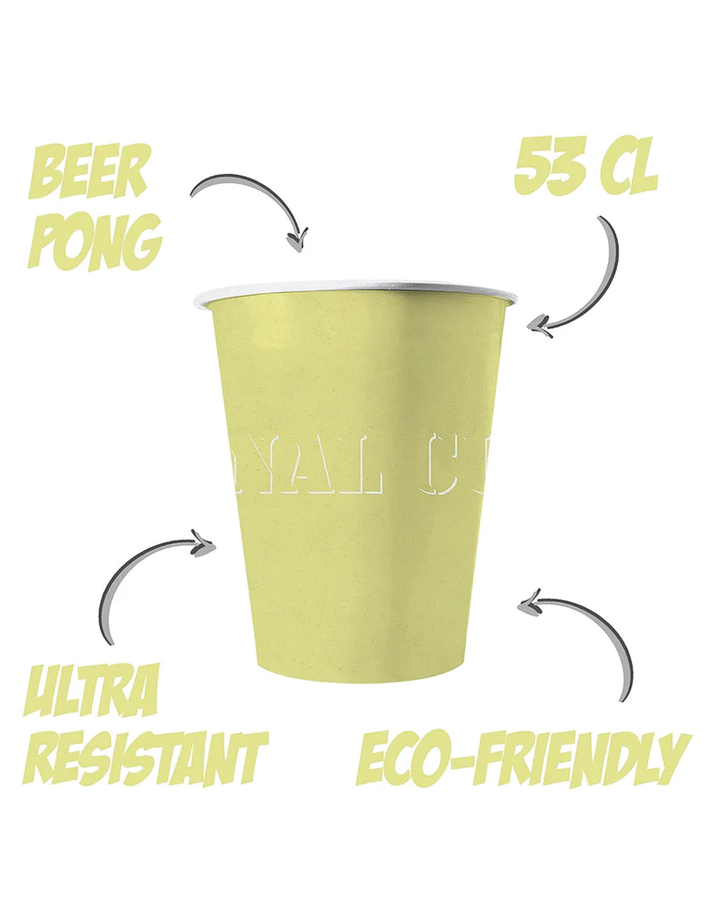 Détails techniques des gobelets américains en carton recyclable jaune pastel