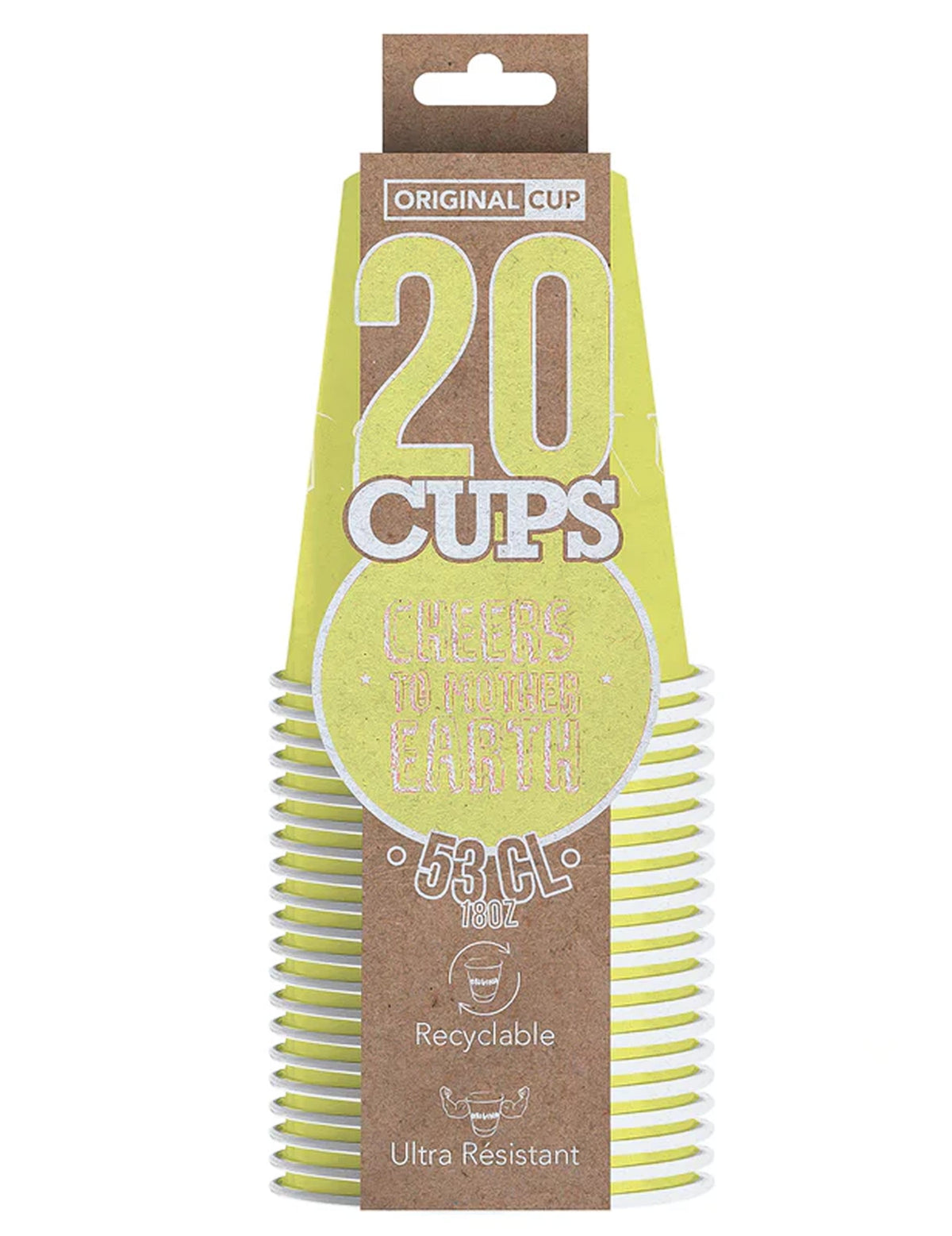 Vue de face du lot de gobelets américains en carton recyclable jaune pastel