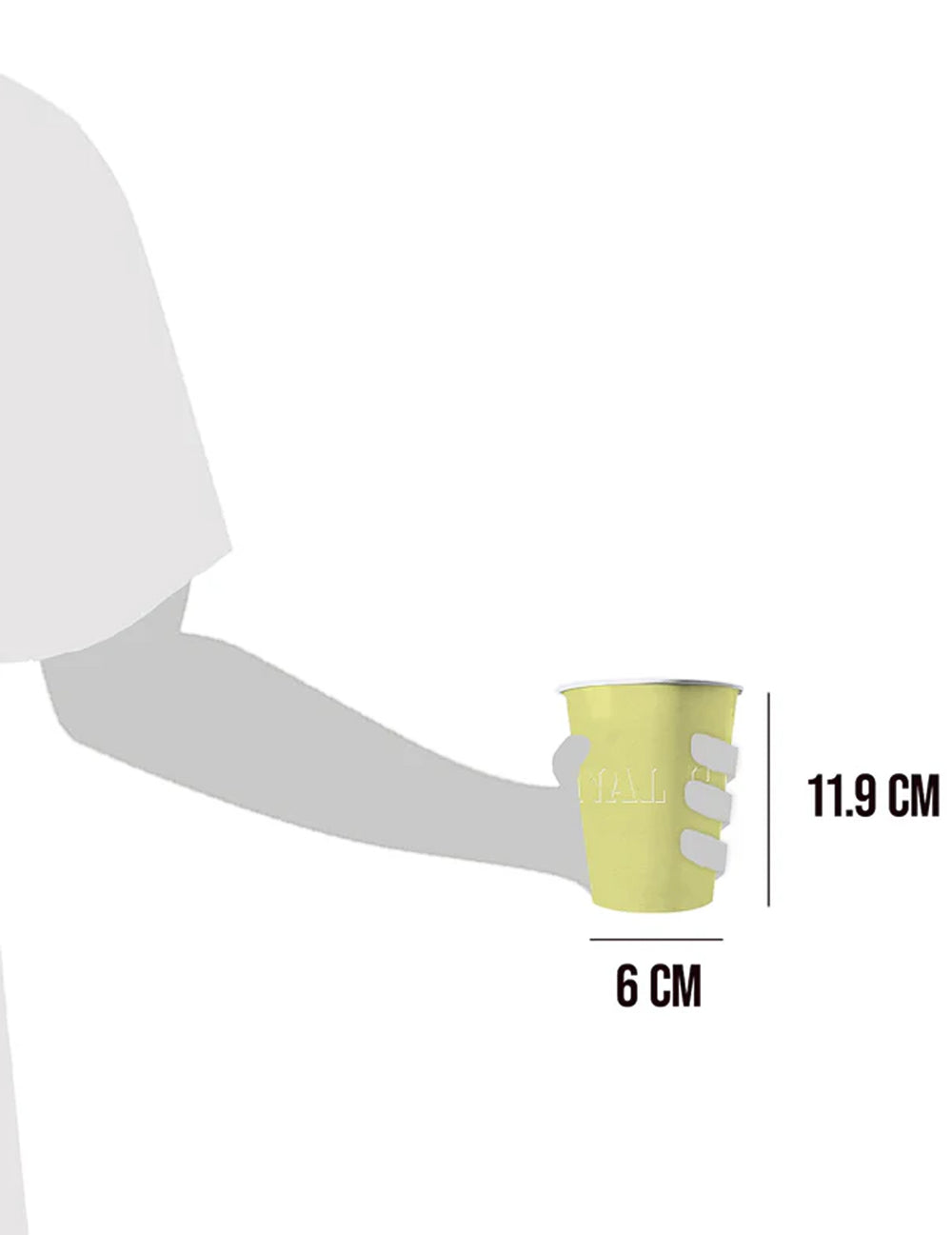 Dimensions et échelle en main des gobelets américains en carton recyclable jaune pastel