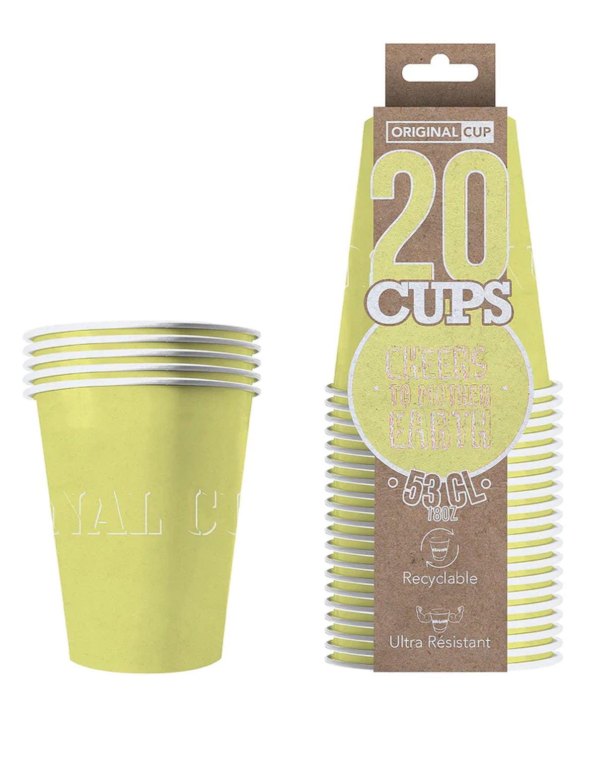 Vue de l'emballage des gobelets américains en carton recyclable jaune pastel