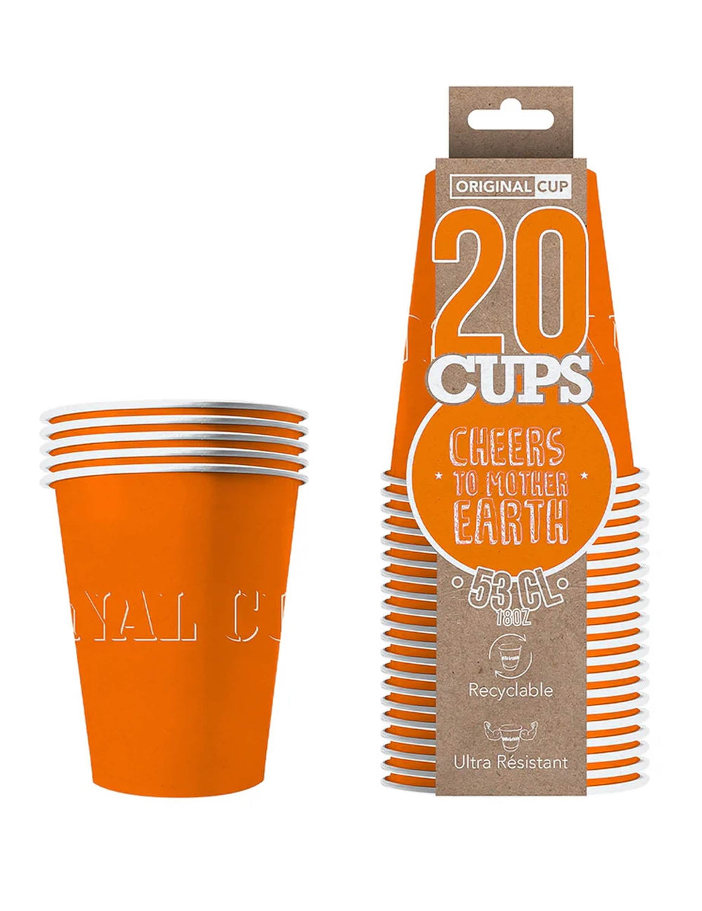 Vue du packaging des gobelets américains en carton recyclable orange