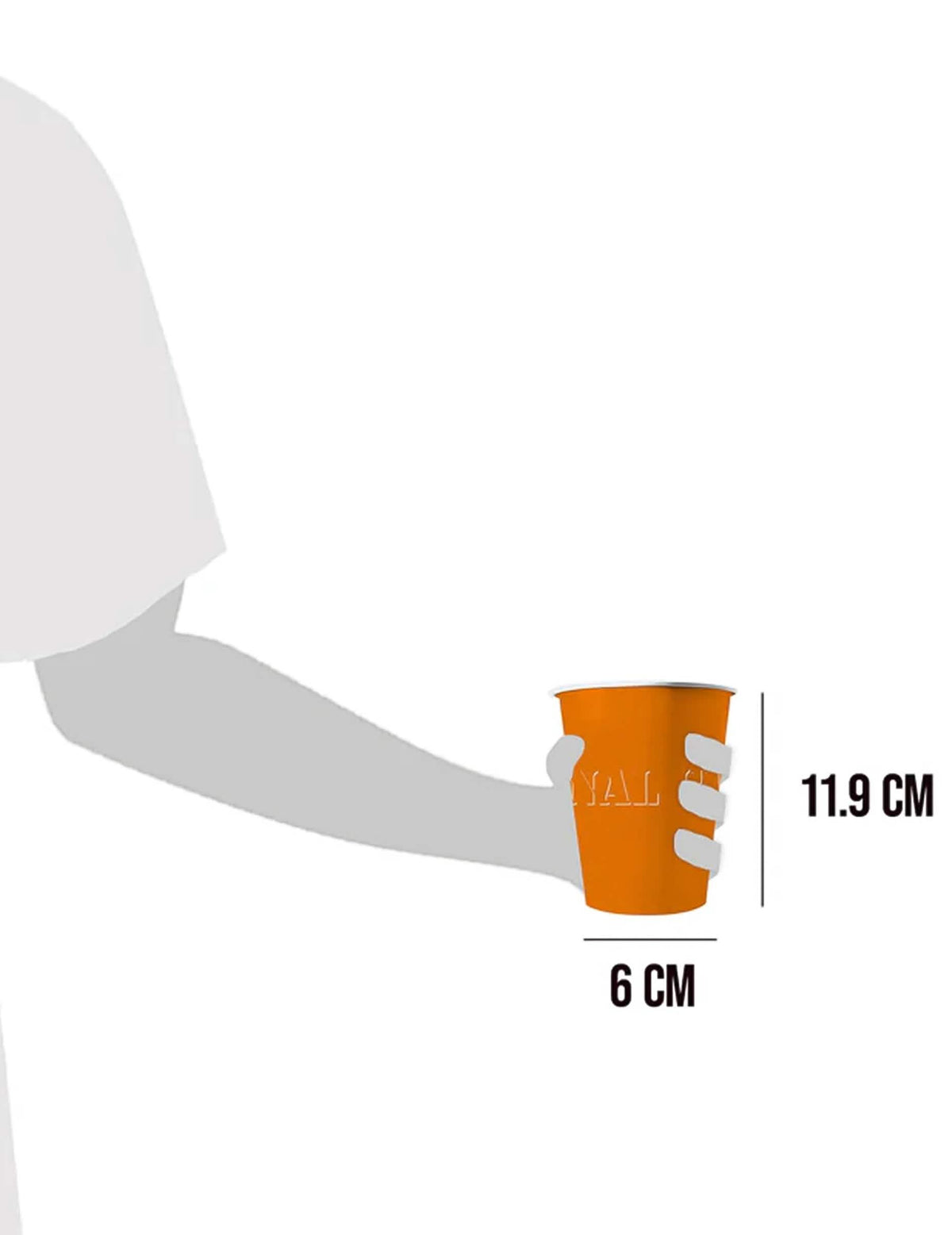Dimensions et mise en situation des gobelets américains en carton recyclable orange
