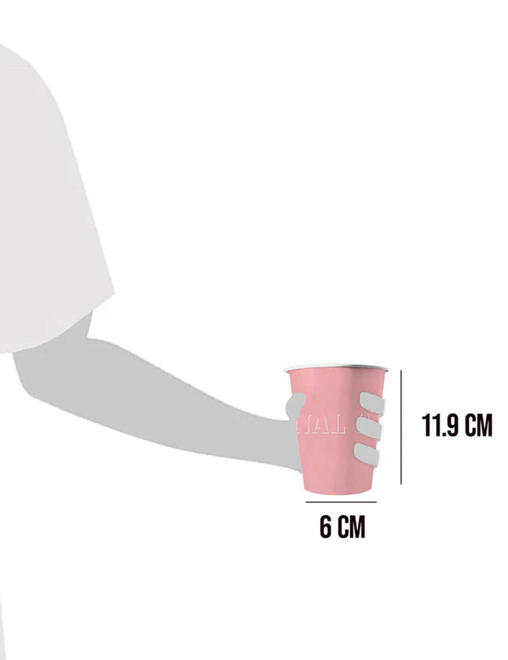 Détail des dimensions des gobelets américains rose pastel en carton recyclable