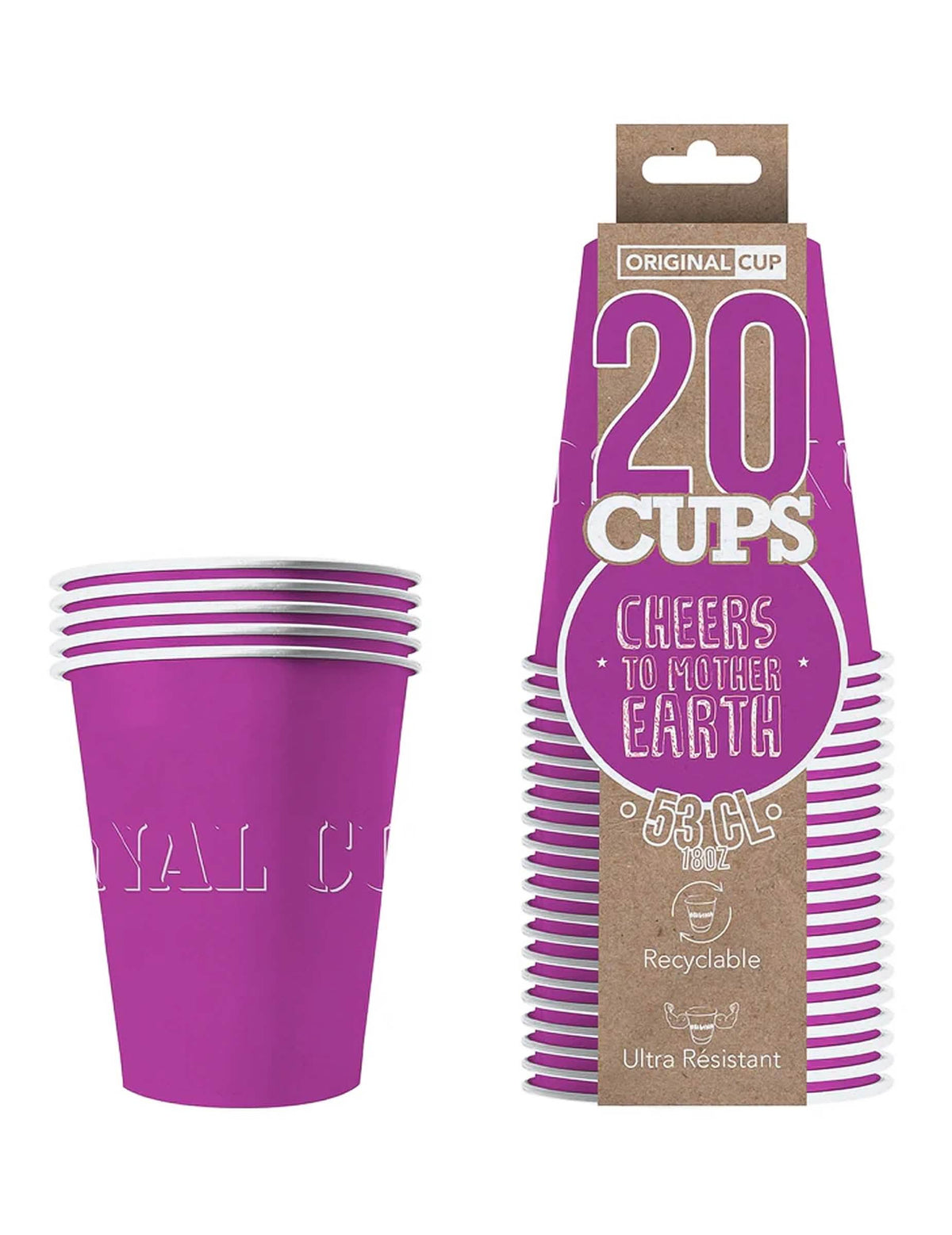 Vista del embalaje de los vasos americanos de cartón reciclable violetas