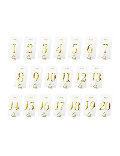 Vue d'ensemble des 20 numéros du marque table transparent chiffres dorés pour mariage doré