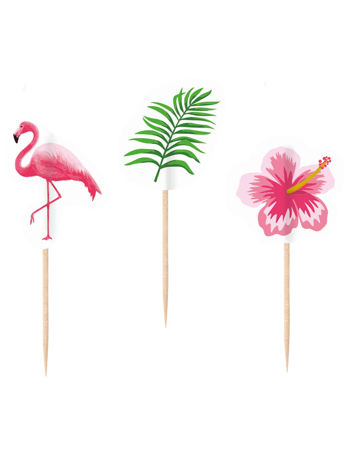Picos decorativos flamingo paradise tema tropical rosa y verde en madera
