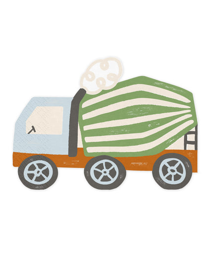 Serviettes camions de chantier pour enfant vert et blanc en forme de bétonnière