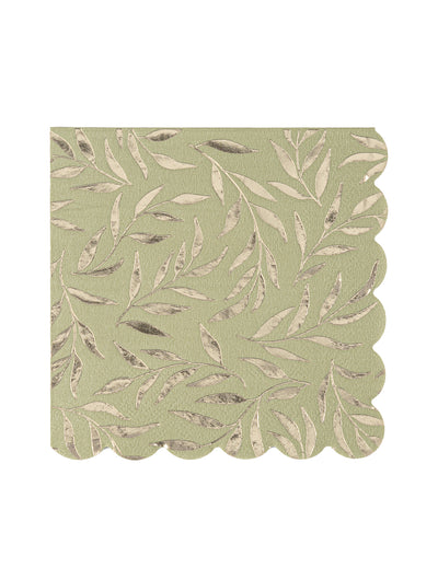 Serviettes cocktail en papier à bords festonnés pour fête vert sauge et or
