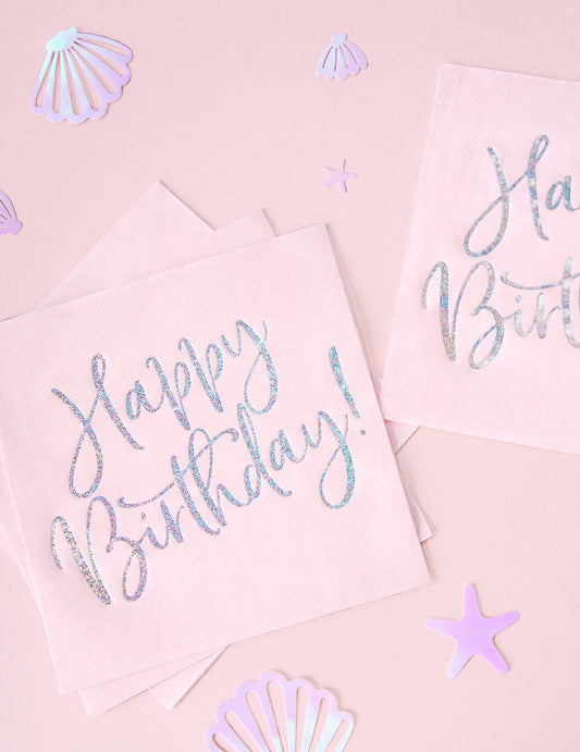 Serviettes en papier Happy Birthday pour fête roses et iridescent