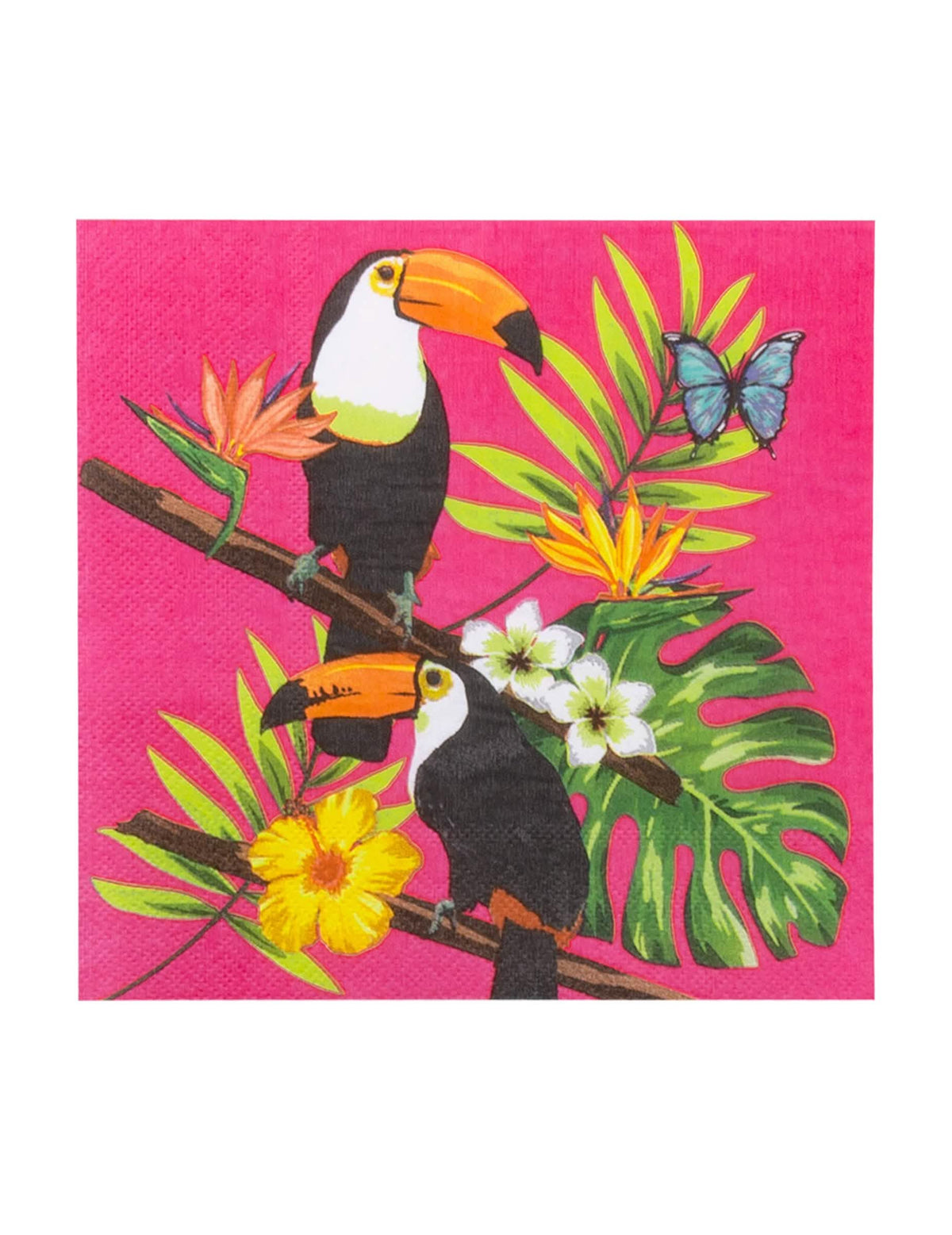 Primer plano del estampado tropical de las servilletas de papel tucán fucsia