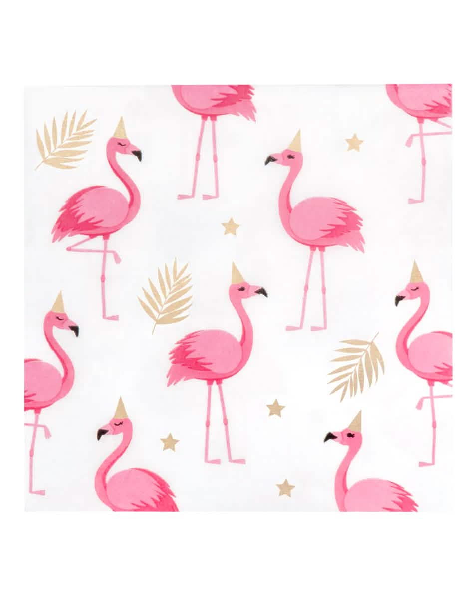 servilletas de papel Flamant Tropic para fiesta rosa y blanco con motivos dorados
