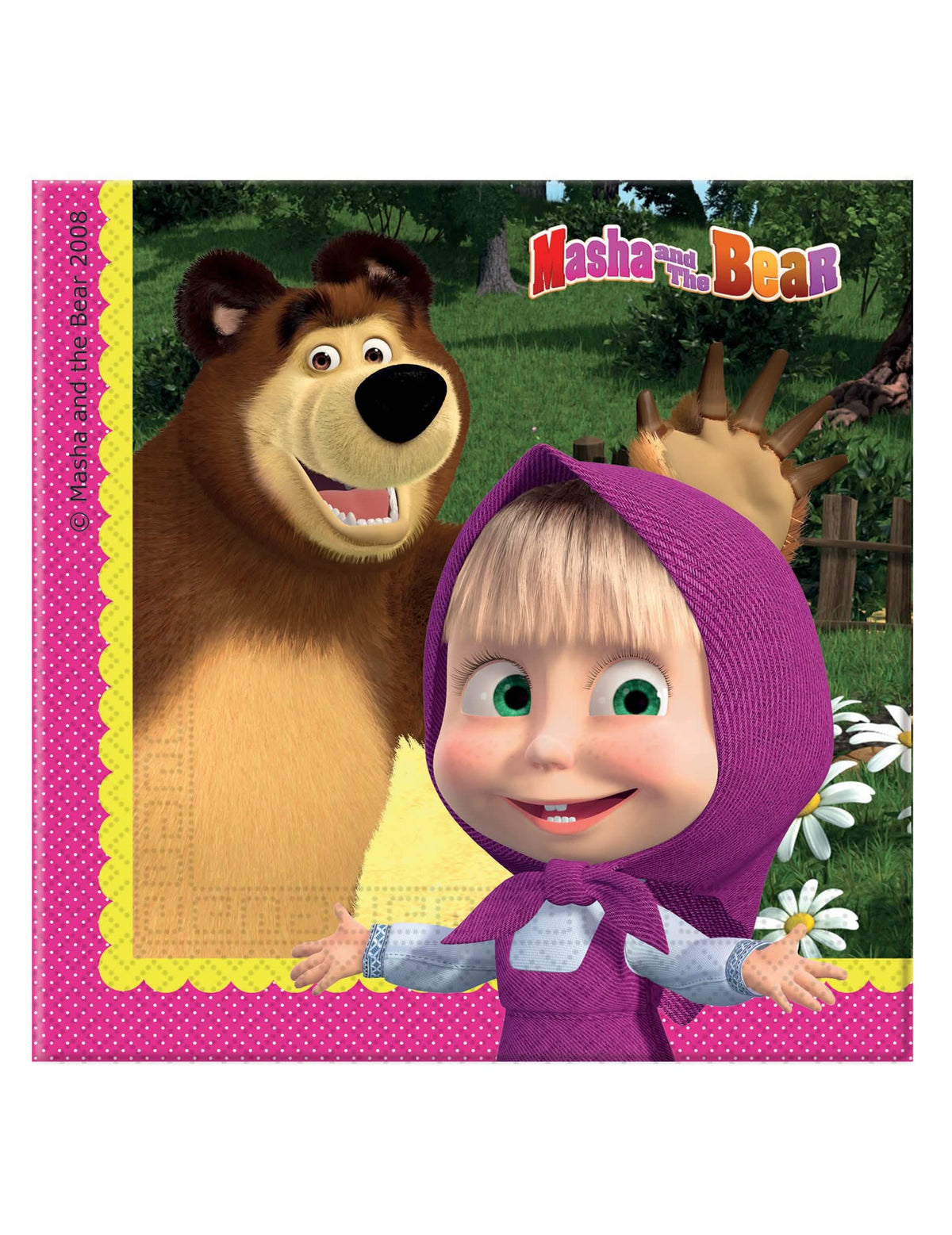Serviettes Masha et Michka pour enfant fuchsia à pois blancs