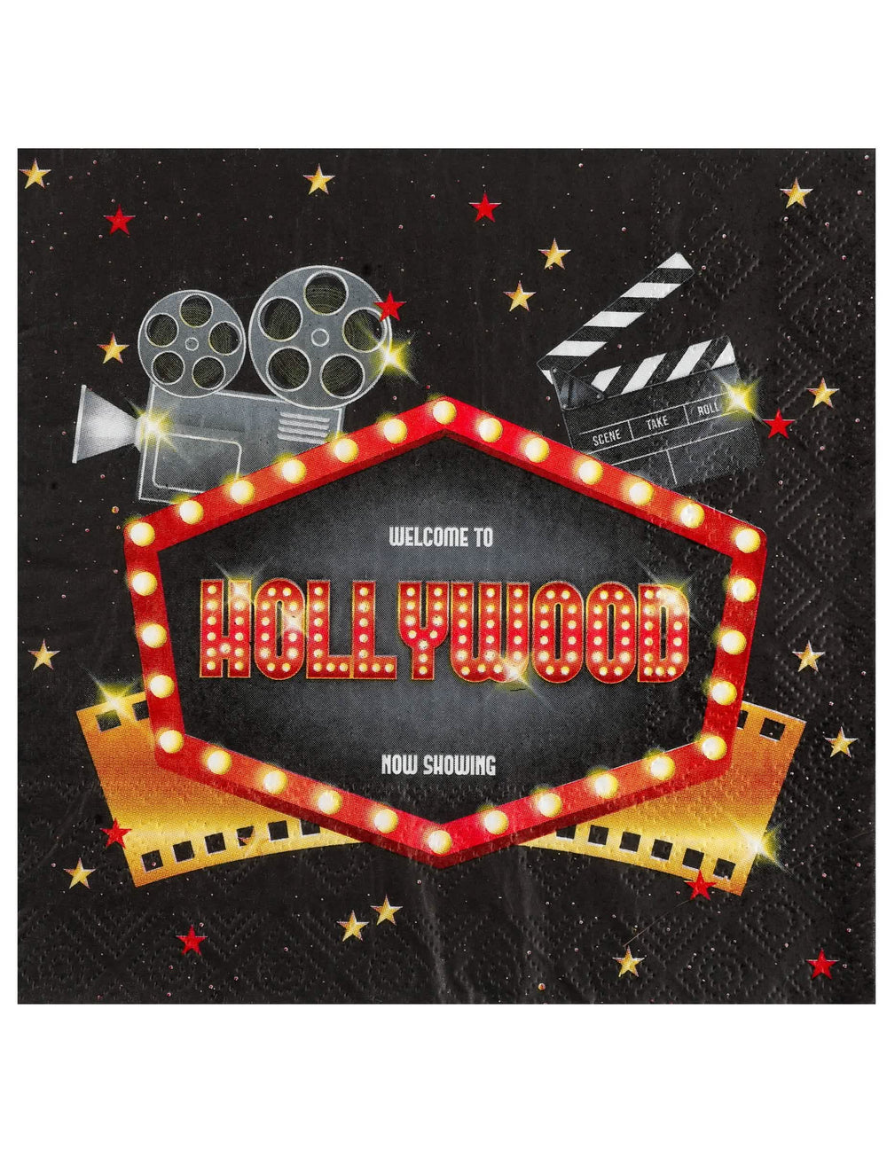 servilletas de papel hollywood para fiesta negras con motivos de claqueta y cámara de cine