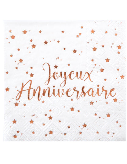 Serviettes en papier Joyeux Anniversaire pour fête rose gold à motifs étoiles roses