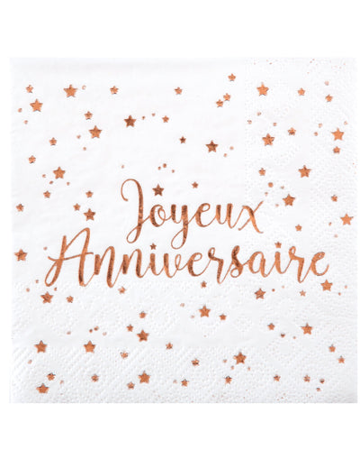 Serviettes en papier Joyeux Anniversaire pour fête rose gold à motifs étoiles roses