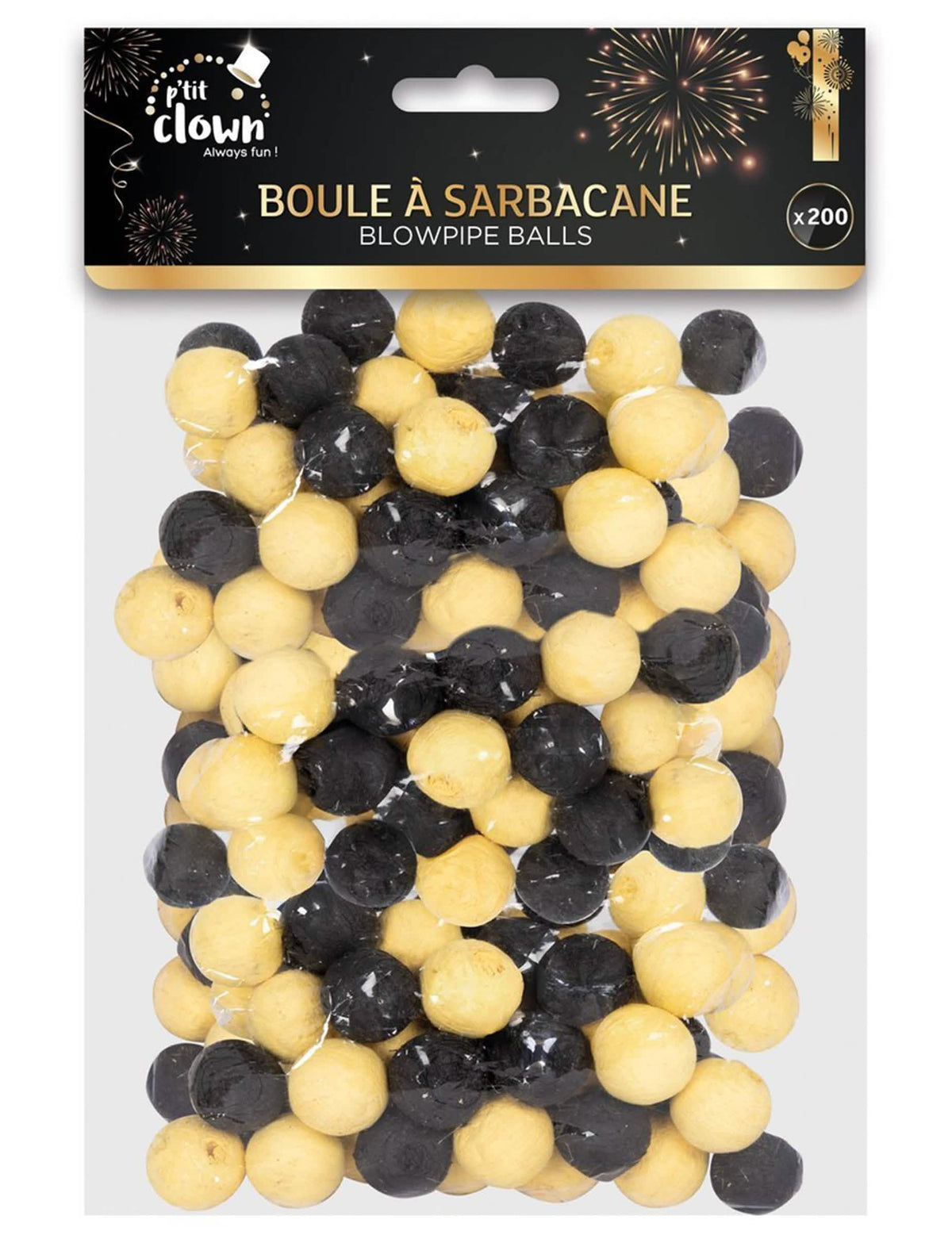 Détail du packaging des boules à sarbacane pour enfant et adulte noir et or lot de 200