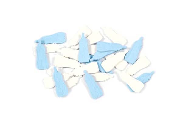 confetis de mesa forma biberón para baby shower azul cielo y blanco