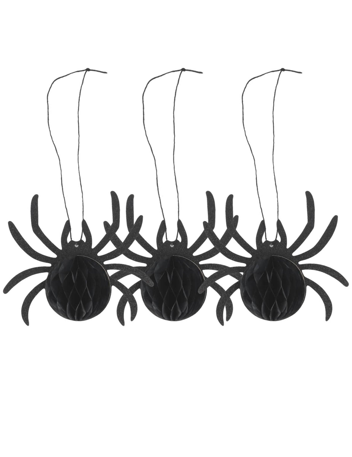 3 arañas de papel de nido de abeja negro con purpurina 14 x 12 x 6 cm