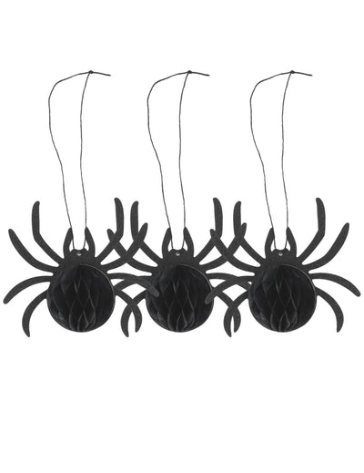 3 arañas de papel de nido de abeja negro con purpurina 14 x 12 x 6 cm