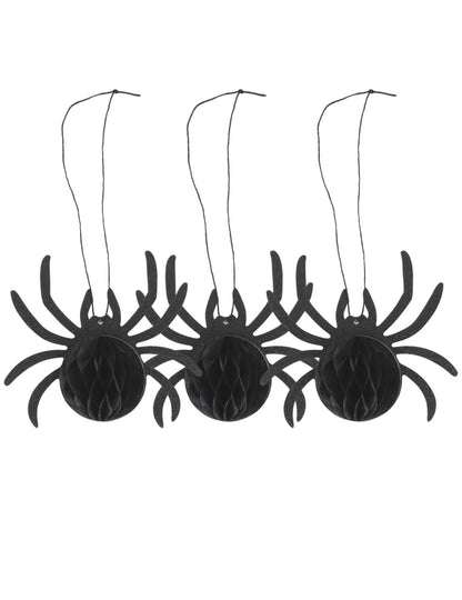 3 arañas de papel de nido de abeja negro con purpurina 14 x 12 x 6 cm