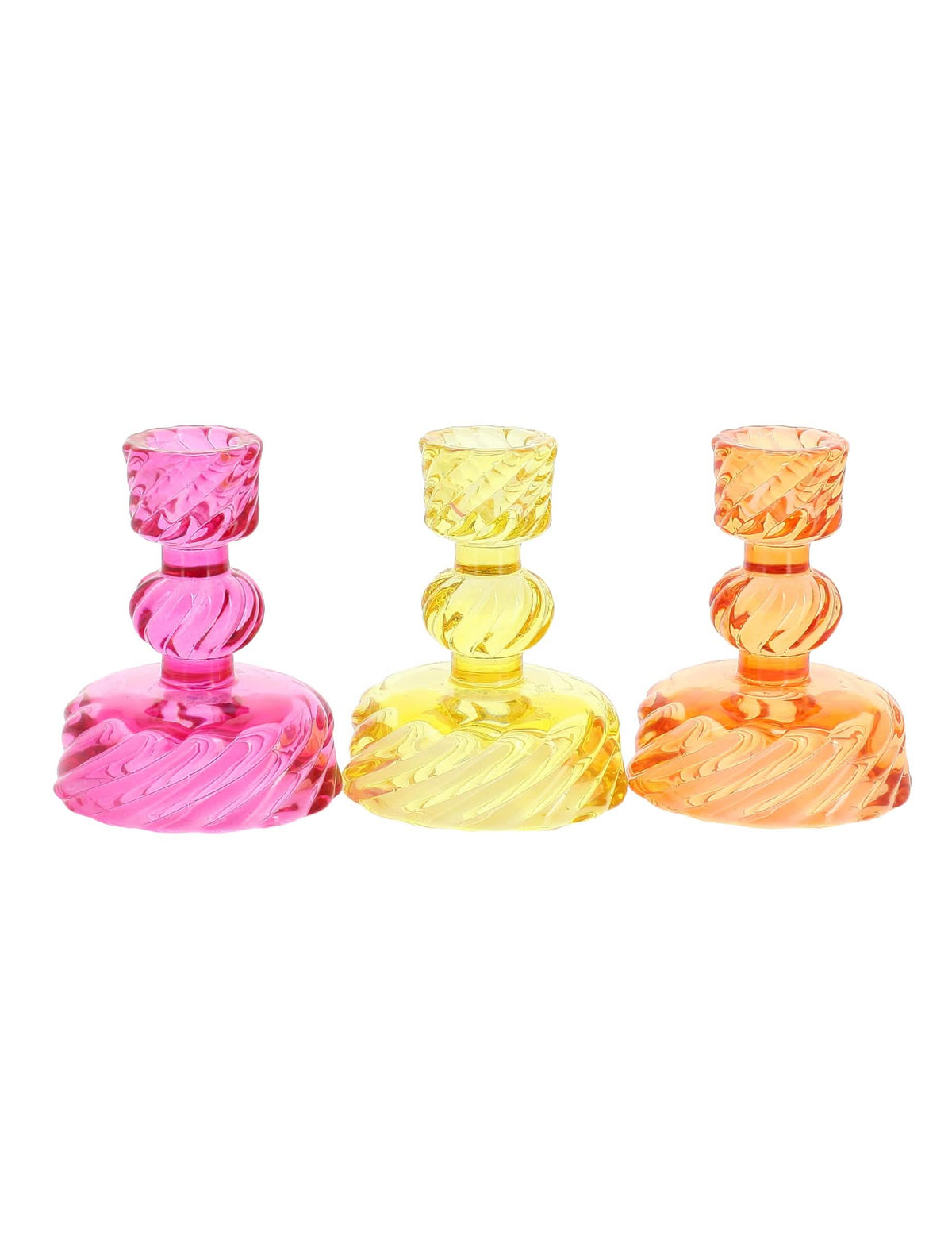 3 Candelabros de vidrio rosa, amarillo y naranja 10 cm