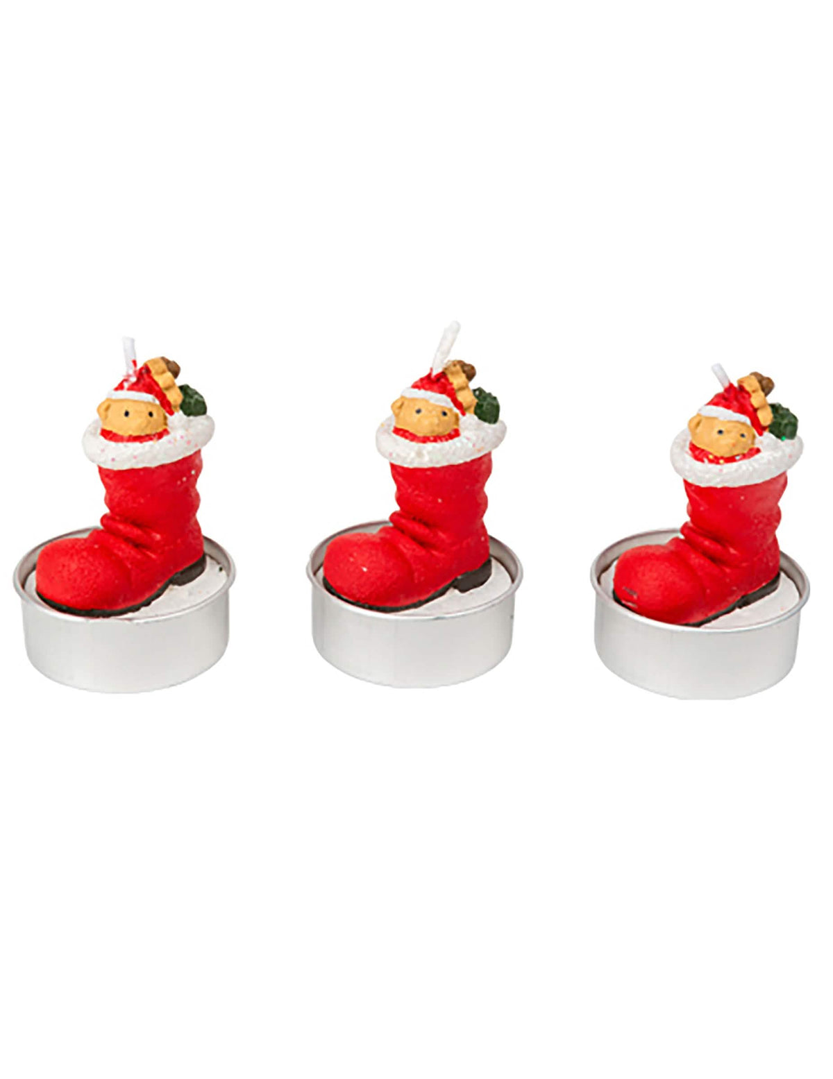 3 velas bota de papá noel con osito rojo y blanco