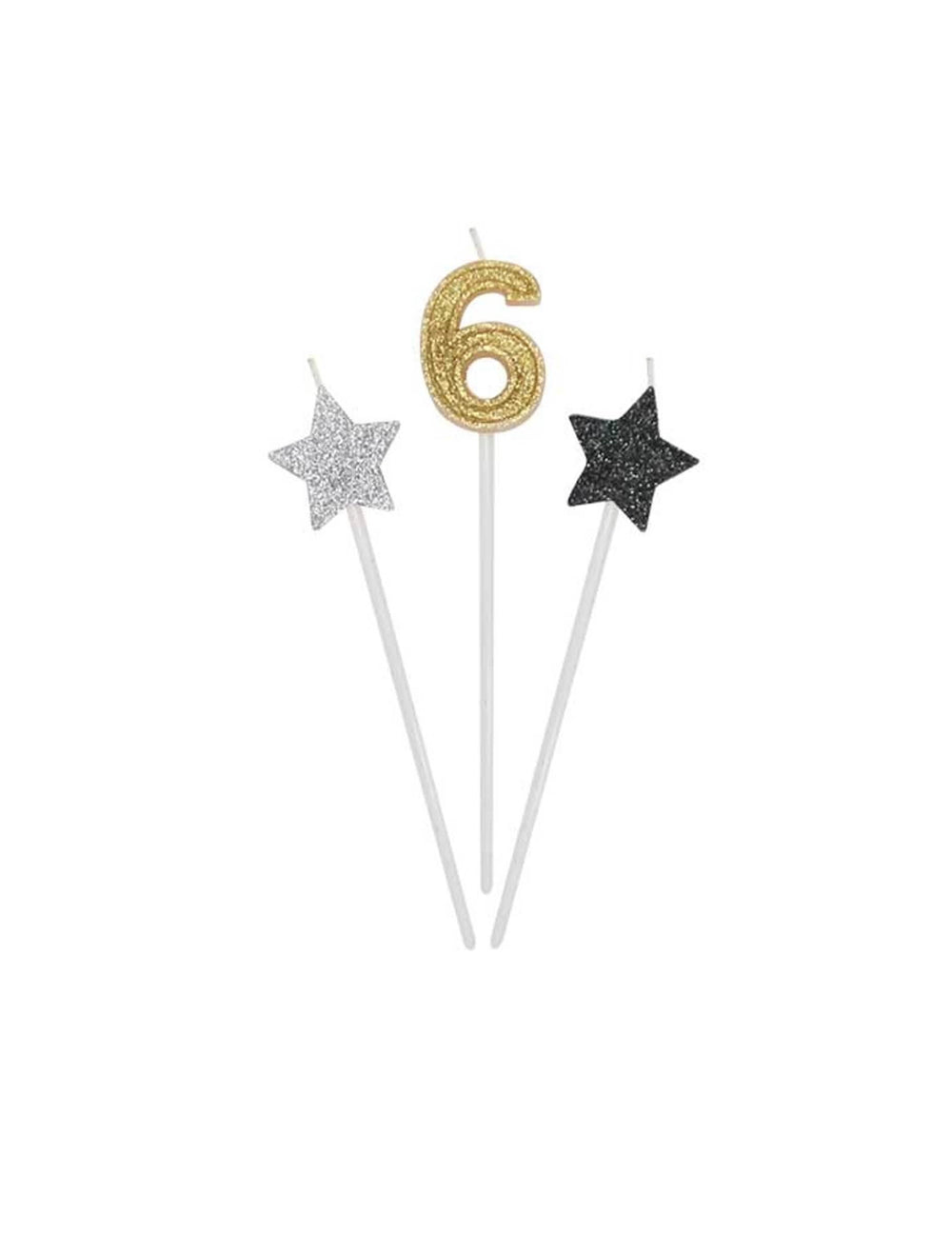 Détail du chiffre 6 et des étoiles des bougies d'anniversaire chiffre pour gâteau dorées argentées et noires pailletées