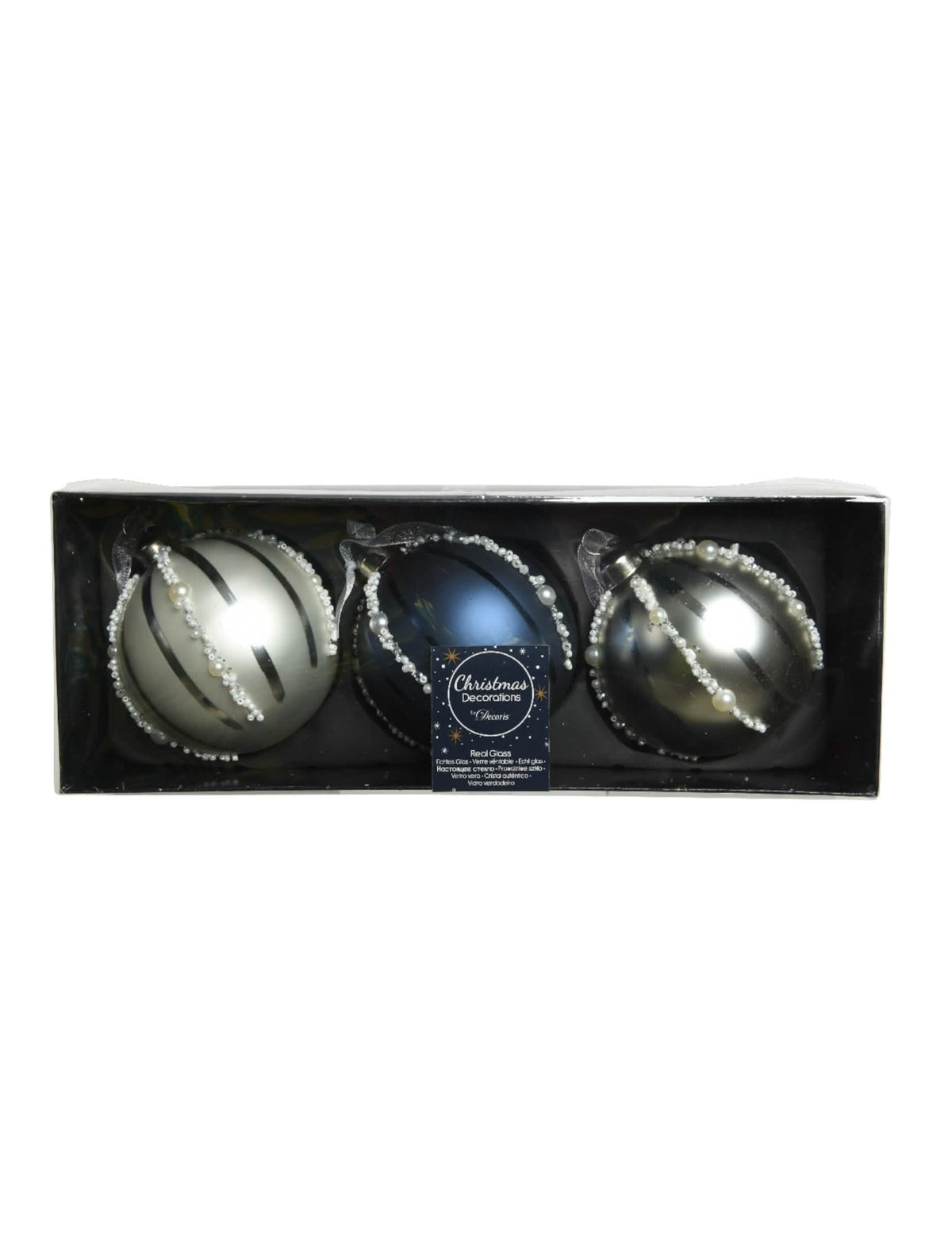 Caja de presentación de bolas de navidad de vidrio con perlas azul marino y plateado efecto nacarado