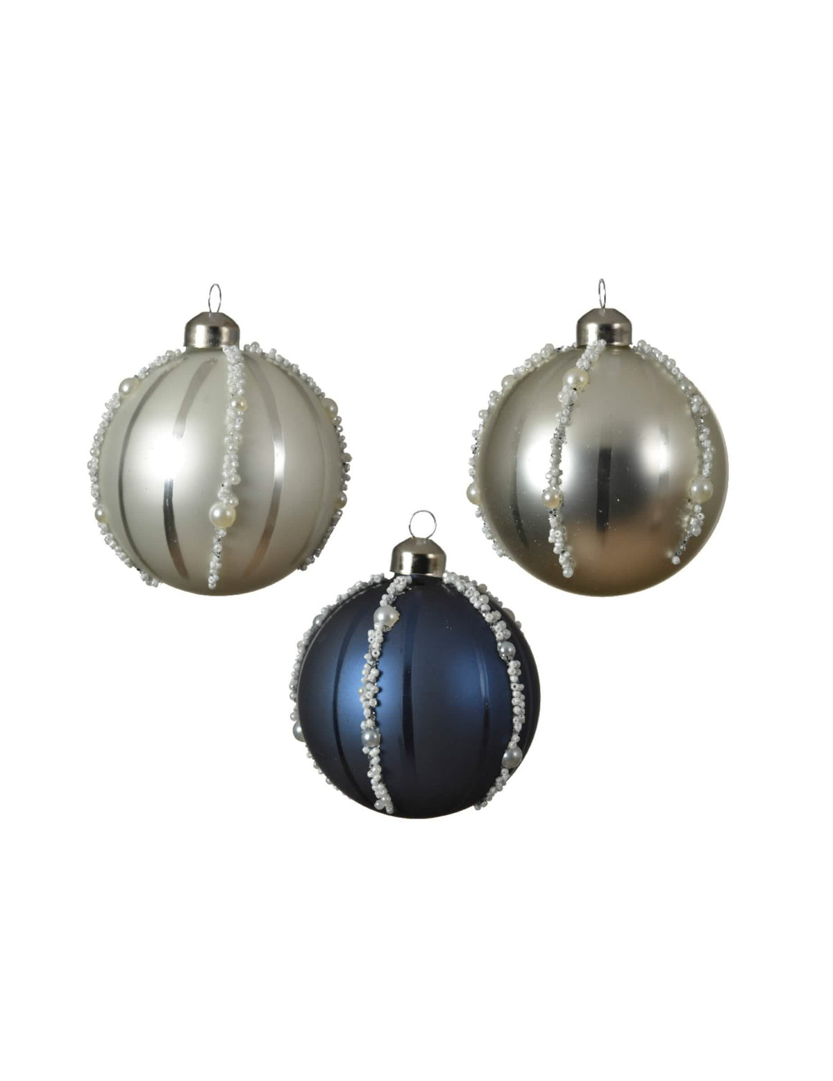 Bolas de navidad de vidrio con perlas azul marino y plateado efecto nacarado
