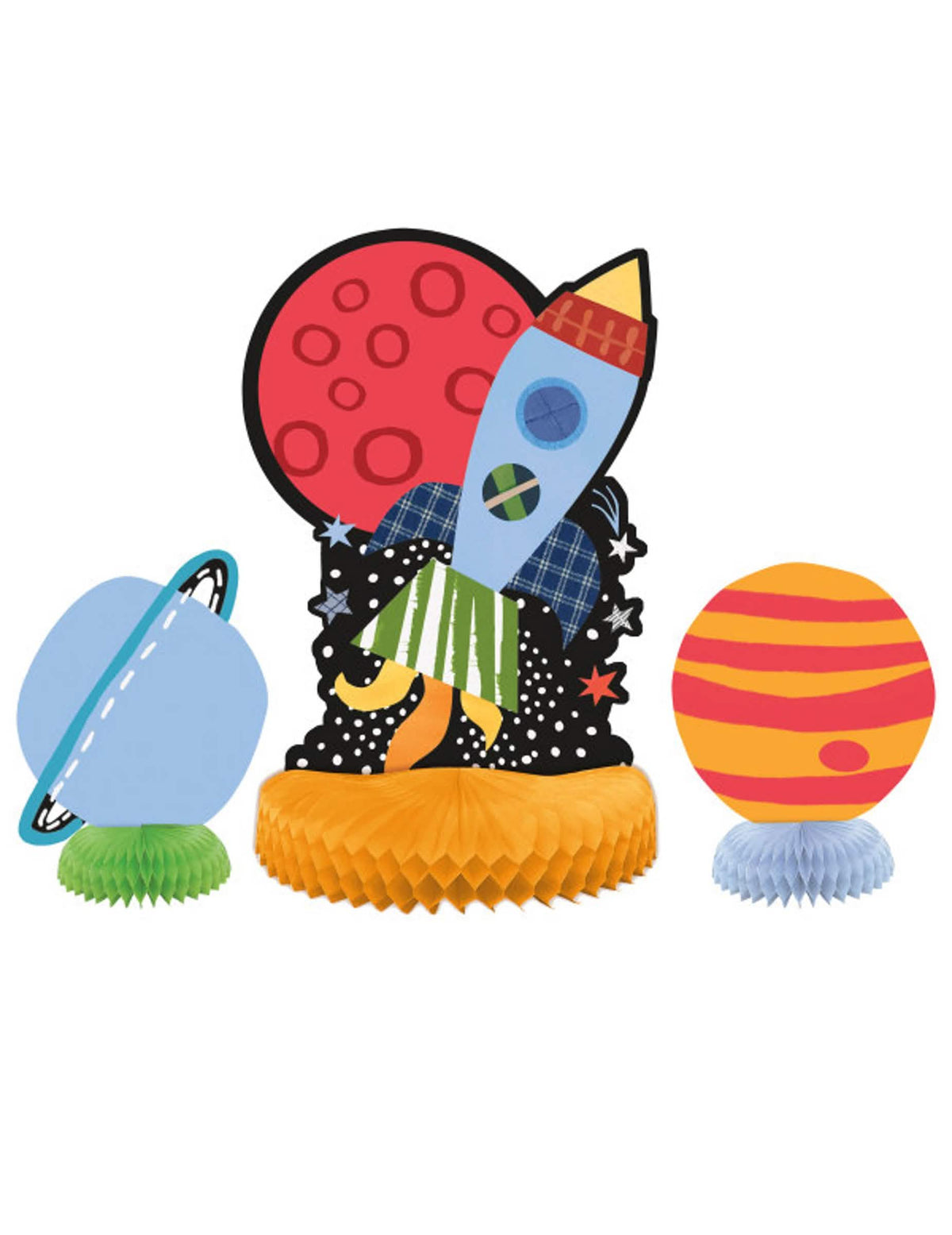Centros de mesa de universo y cohete multicolores de papel alveolado