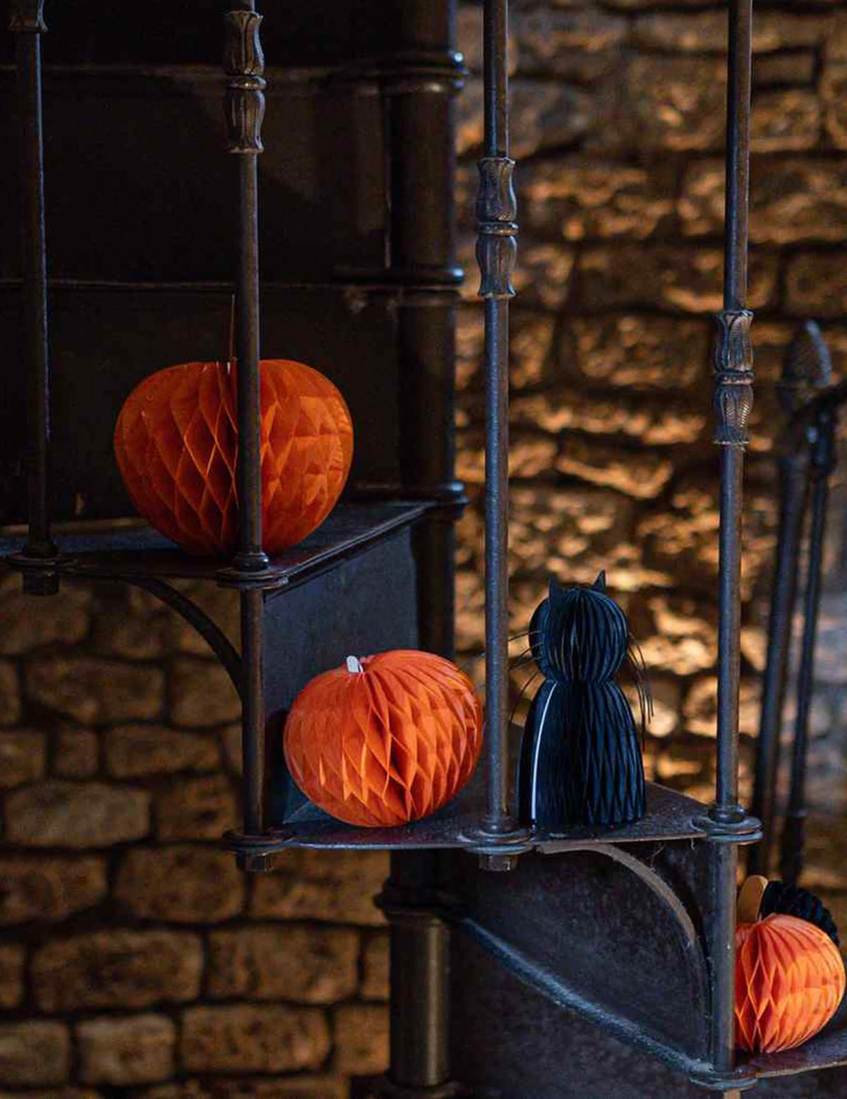 3 calabazas de papel de nido de abeja naranja y negro 10 cm 13 cm y 18 cm