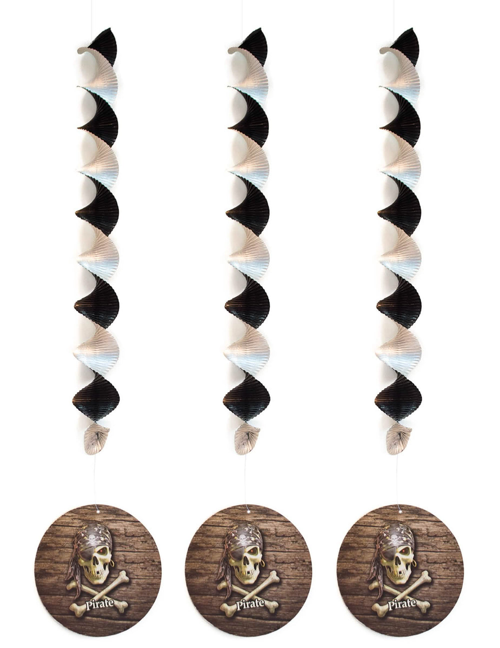 Decoraciones colgantes piratas para fiesta en blanco y negro con medallones de calavera