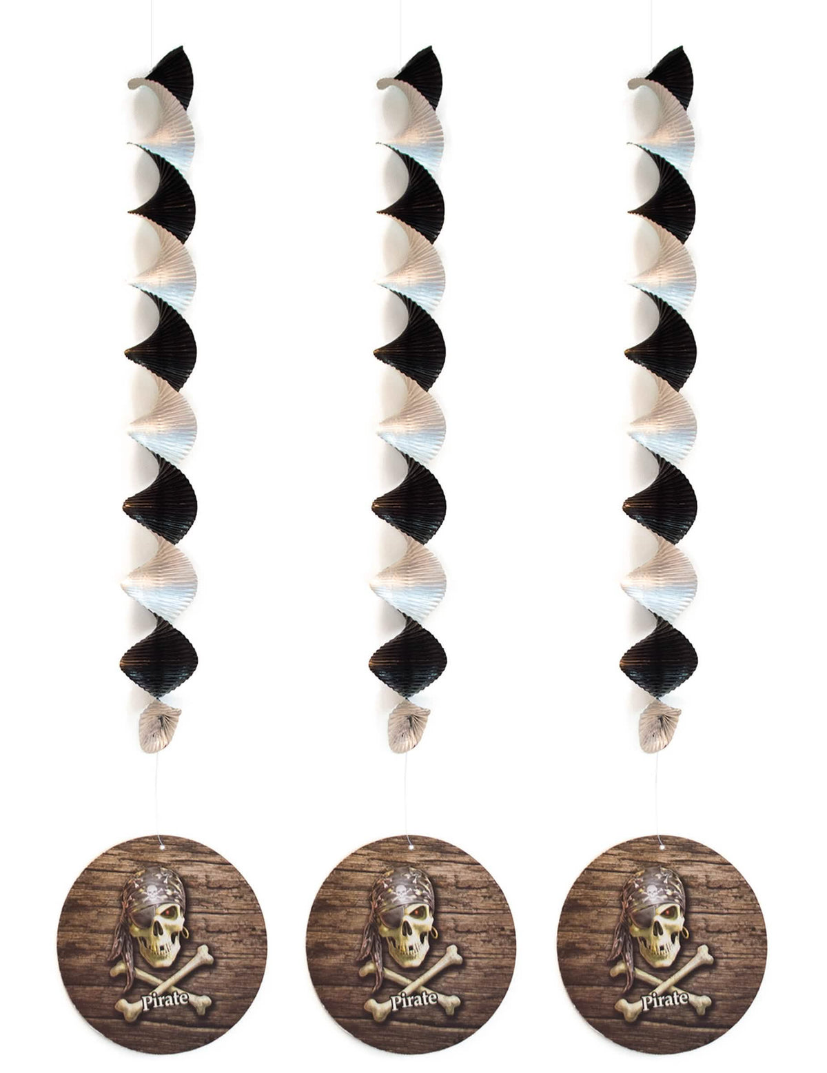 Decoraciones colgantes piratas para fiesta en blanco y negro con medallones de calavera