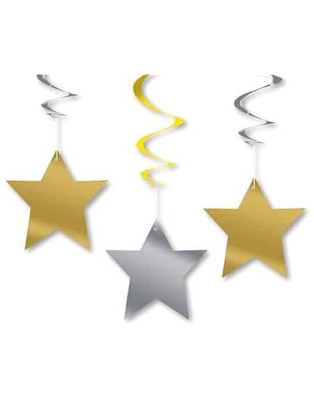 3 decoraciones para colgar estrellas doradas y plateadas