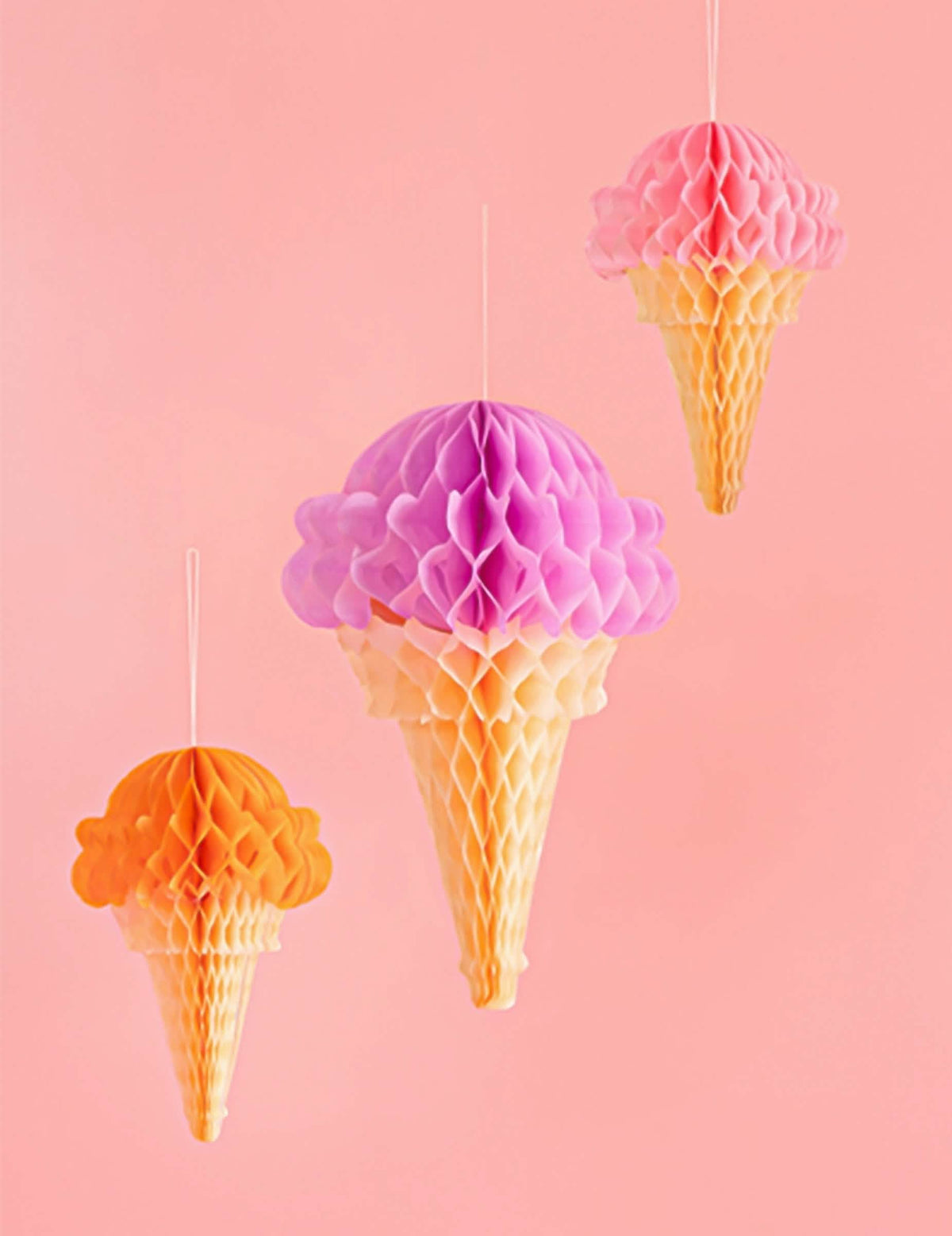 3 Decoraciones de papel de seda alveolar cucurucho de helado 20 a 30 cm