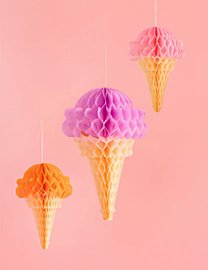 3 Decoraciones de papel de seda alveolar cucurucho de helado 20 a 30 cm