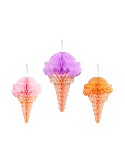 3 Decoraciones de papel de seda alveolar cucurucho de helado 20 a 30 cm
