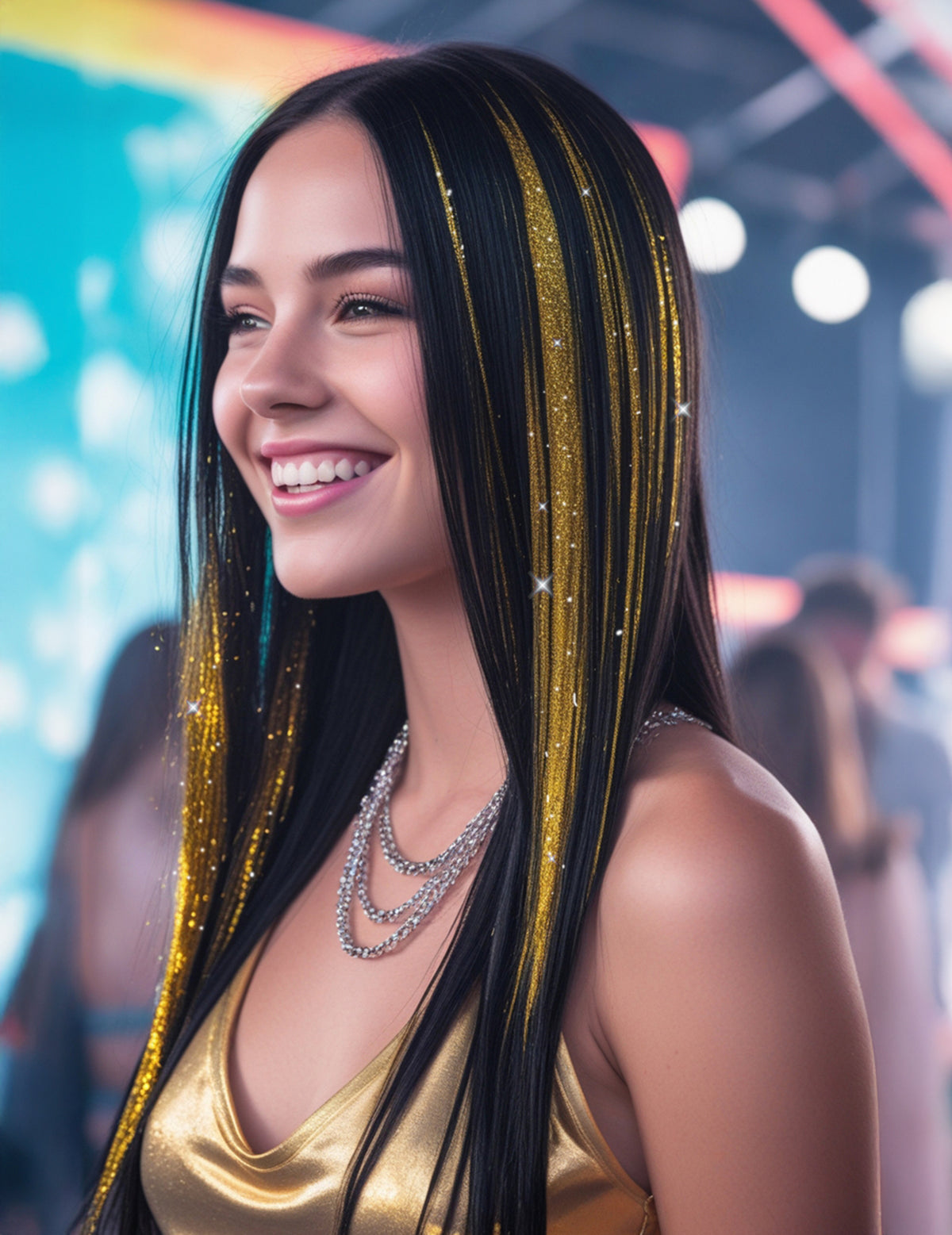 Vue de profil des 3 mèches de cheveux brillantes pour femme
