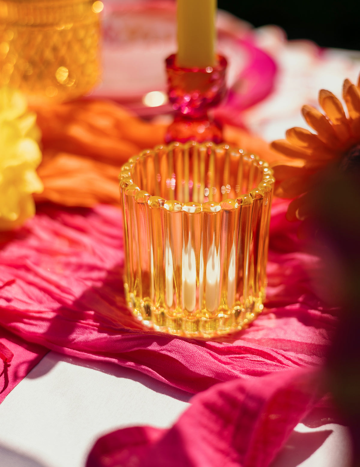 3 Portavelas de cristal rosa, naranja y amarillo 7,5 cm