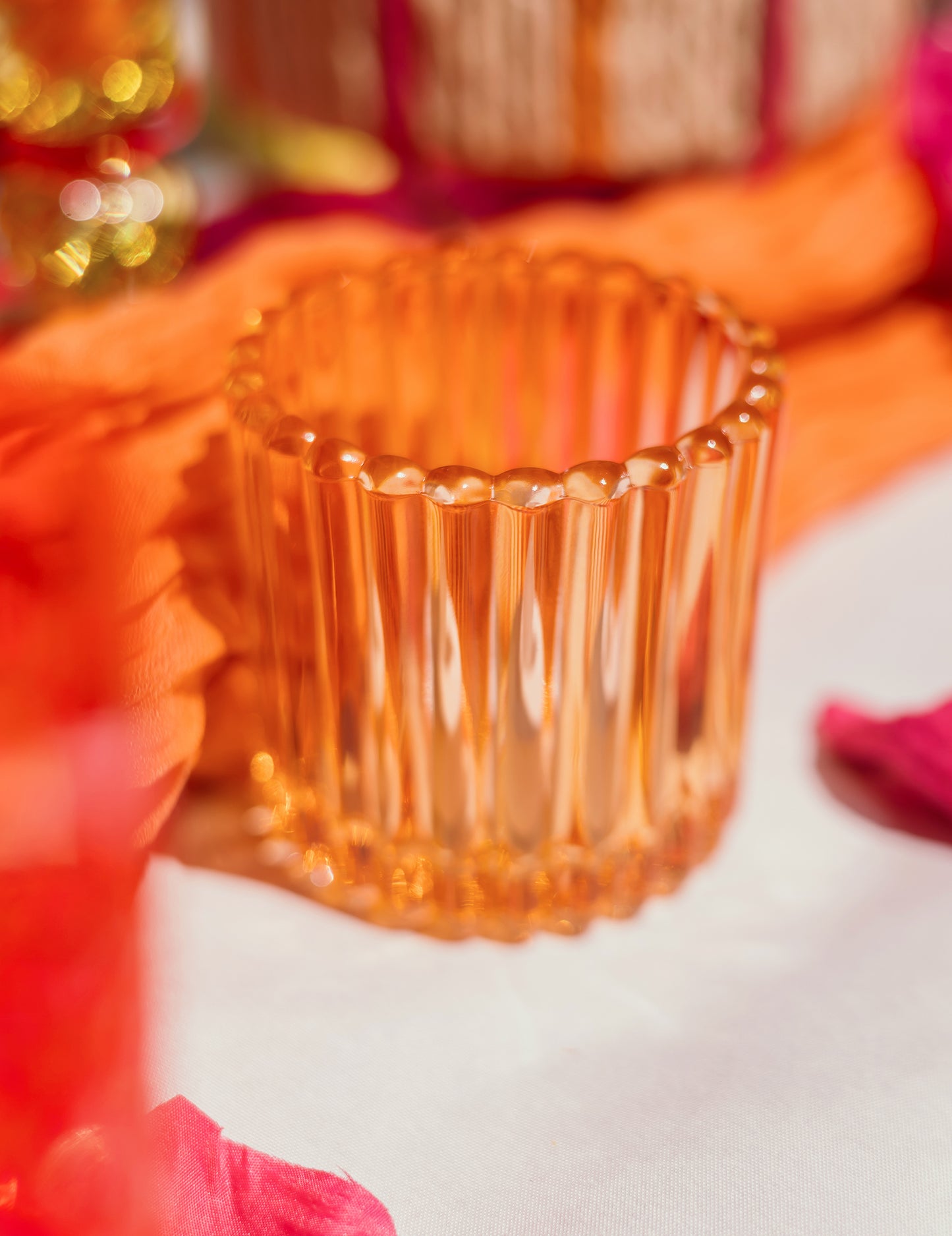 3 portavelas de vidrio rosa, naranja y amarillo de 7,5 cm