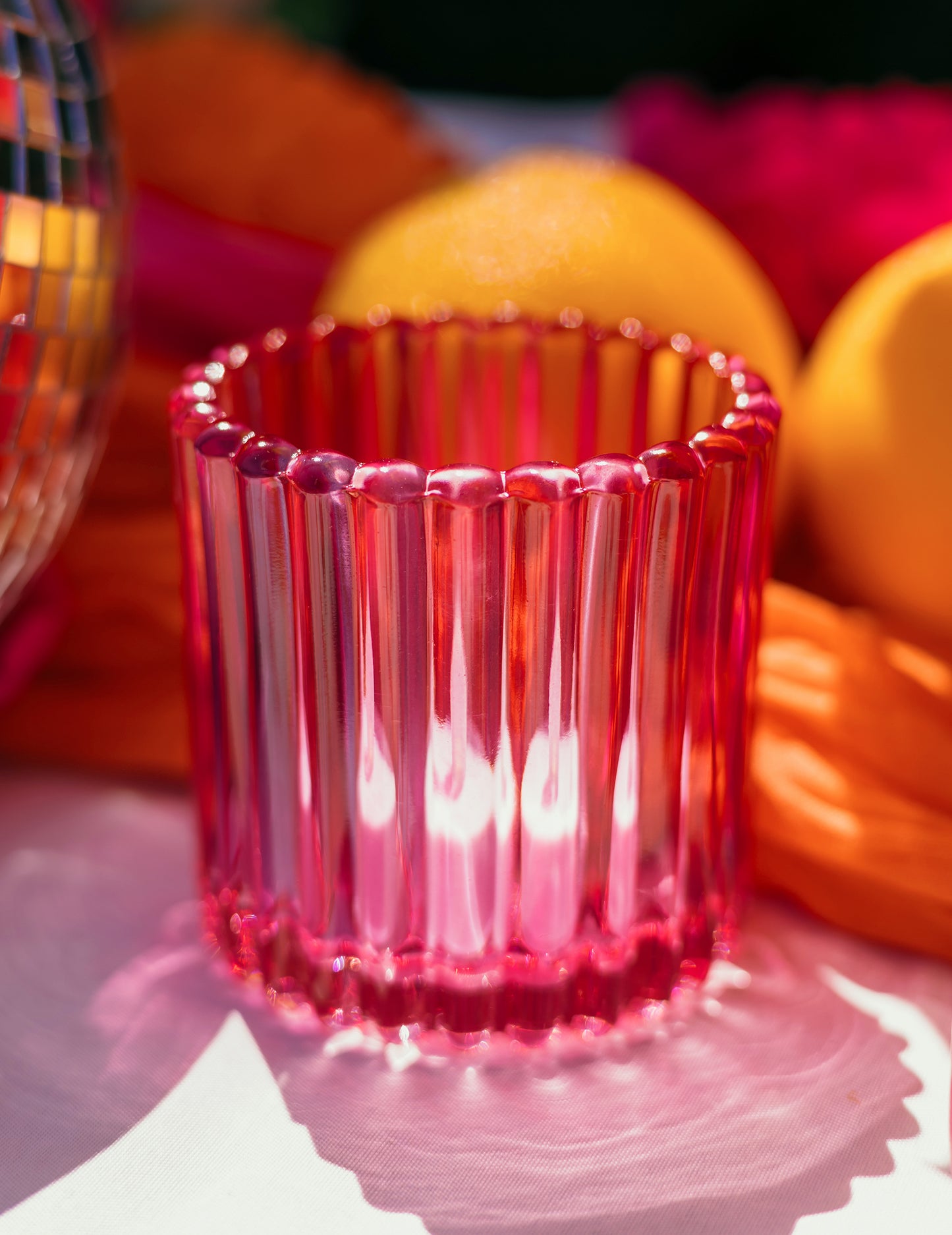 3 portavelas de vidrio rosa, naranja y amarillo de 7,5 cm