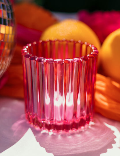 3 portavelas de vidrio rosa, naranja y amarillo de 7,5 cm