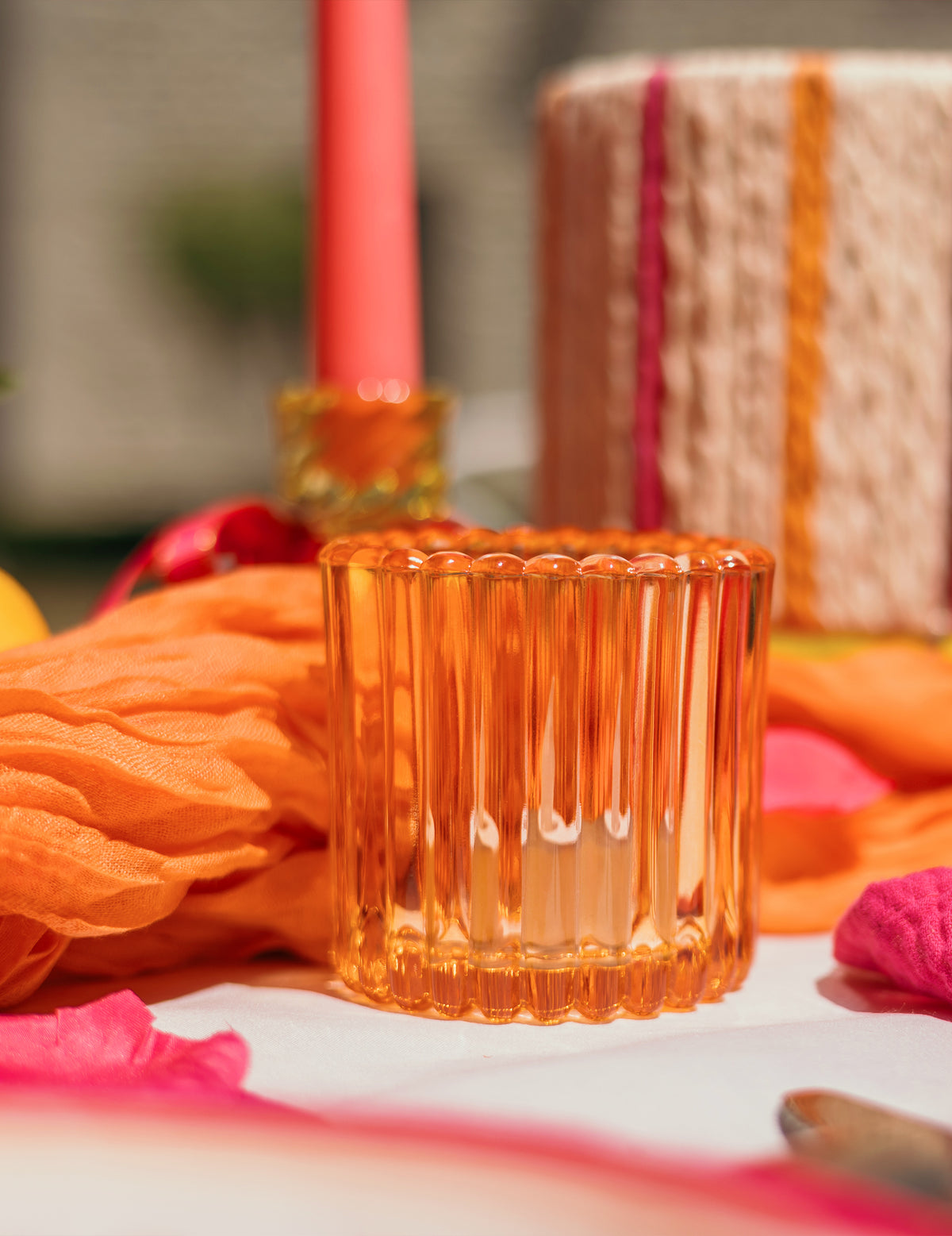 3 Portavelas de cristal rosa, naranja y amarillo 7,5 cm